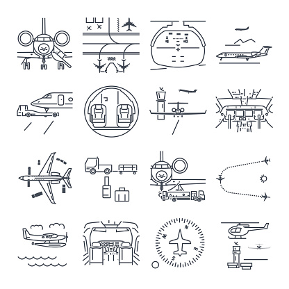 set of thin line icons airport and airplane, business aircraft, jet