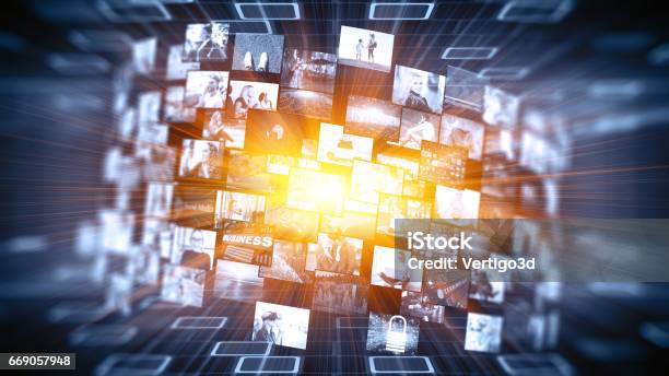 Media Concept Video Wall With Small Screens Stock Photo - Download Image Now - The Media, Digital Display, Digitally Generated Image