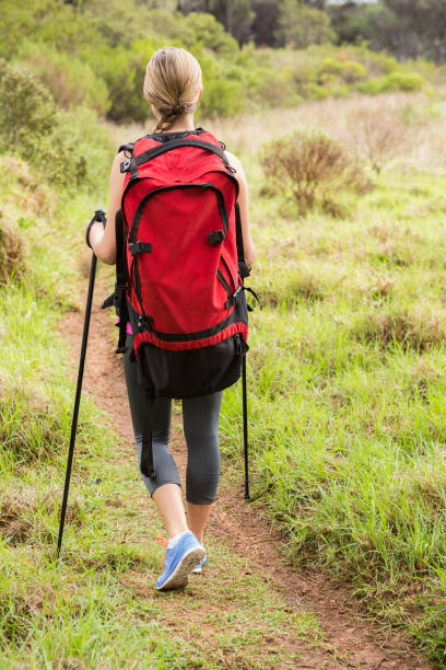 istock Blonde hiker hiking with trekking poles 669060394