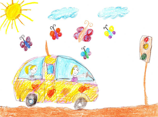 illustrazioni stock, clip art, cartoni animati e icone di tendenza di bambini che disegnano un viaggio in auto - bus family travel destinations women