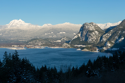 View of the Stawamus Chief and Mount Garibaldi  in Squamish, British Columbia, Canada.