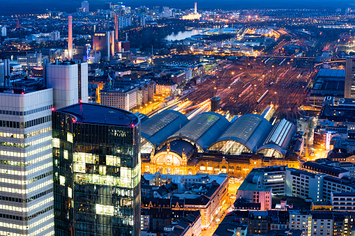 Frankfurt am Main, aerial view of central station at dusk, Germany
