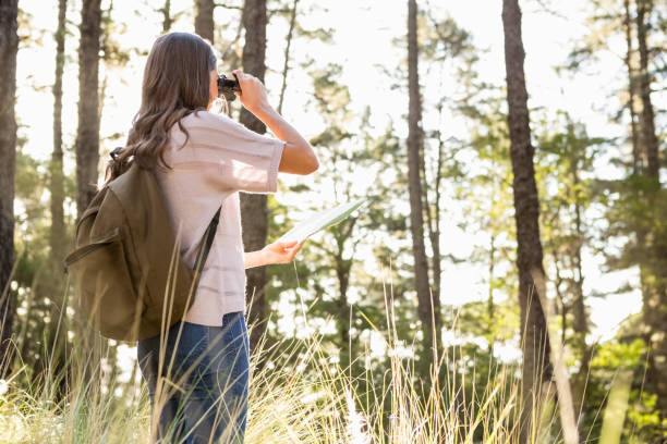istock Female hiker looking through the binoculars 669104346