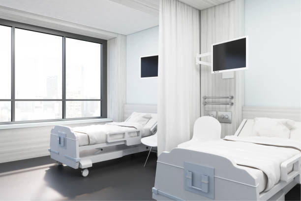 istock Side view of ward with purple beds 669105616