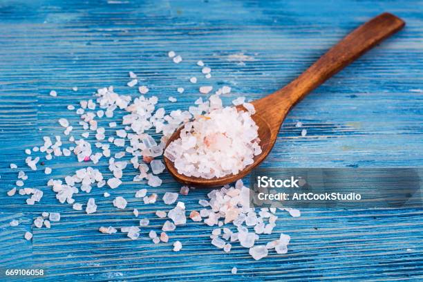 Large Pink Sea Salt On Blue Background Stock Photo - Download Image Now - Salt - Seasoning, Spoon, Large