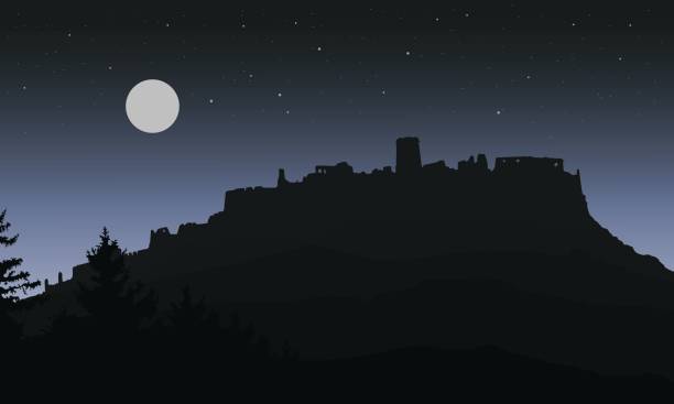 illustrations, cliparts, dessins animés et icônes de silhouette réaliste noire des ruines d’un château médiéval construit sur une colline sous le ciel nocturne avec une pleine lune et des étoiles pour halloween, isolé en couches - vecteur - forest black forest sky night