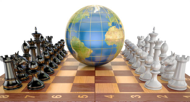 Global tactical and strategy concept, world globe with chess pieces vector art illustration