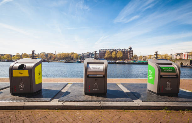 Segregated recycle trash containers on Amsterdam city street in Netherlands
