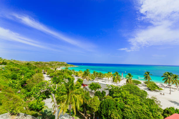 amazing view of Holguing province tropical inviting beach and tranquil azure turquoise ocean on blue sky background stock photo