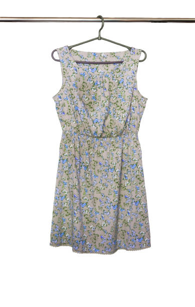 istock Summer dress with a butterfly pattern hanging on a hanger, isolated 669139408