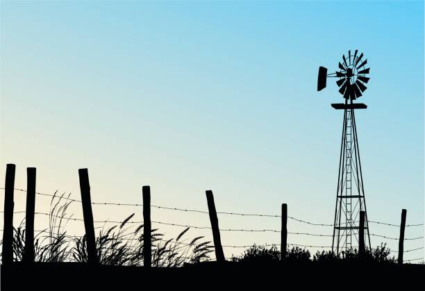블루 스카이 프레리 - barbed wire rural scene wooden post fence stock illustrations