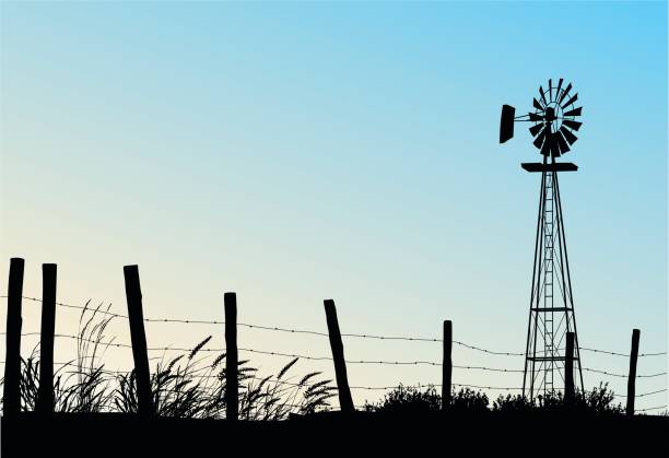 ilustrações de stock, clip art, desenhos animados e ícones de blue skies prairie - barbed wire rural scene wooden post fence