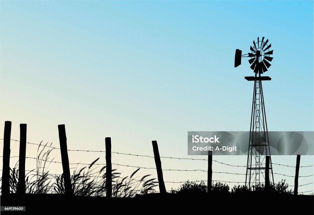 Blue Skies Prairie A vector silhouette illustration of a barb wire fence and windmill over a blue sky. Barbed Wire stock vector