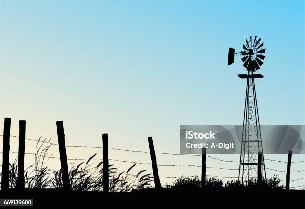 Blue Skies Prairie Stock Illustration - Download Image Now - Barbed Wire, In Silhouette, Rural Scene
