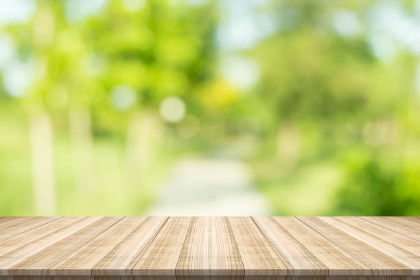 istock Emply table top on blurred nature background,Space for placing products 669149792