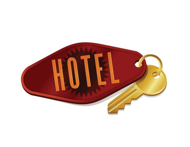illustrazioni stock, clip art, cartoni animati e icone di tendenza di chiave della camera vintage dell'hotel / motel. illustrazione vettoriale. - portachiavi