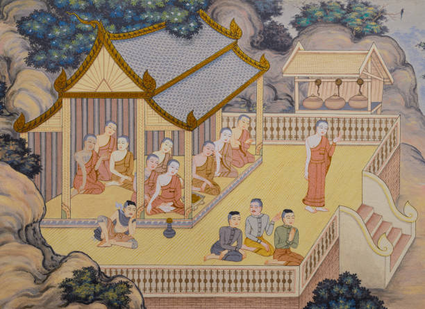 istock Buddhist temple mural painting in Thailand 669172968