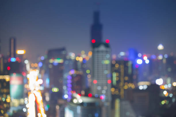 istock Night blurred bokeh city downtown aerial view 669177550