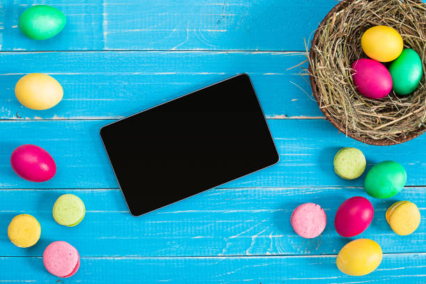 istock Colorful easter egg in nest on blue wood board 669181628