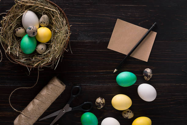 istock Colorful easter egg in nest on dark wood board 669190722