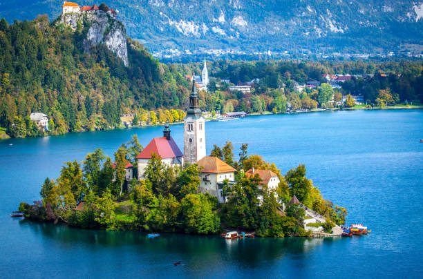 Assumption of Mary Church, Bled Island,Lake Bled, Slovenia stock photo