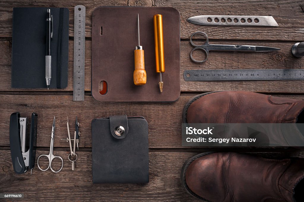 Leather Craft Or Leather Working Leather Working Tools And Cut Out Pieces  Of Leather On Work Desk Stock Photo - Download Image Now - iStock