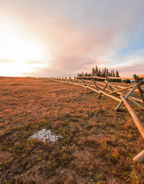 split rail fence o wschodzie słońca nad lost water canyon w gamie pryor mountains wild horse na linii stanowej montana wyoming usa - montana sunrise mountain mountain range zdjęcia i obrazy z banku zdjęć