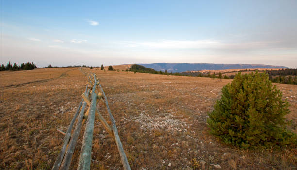 split rail fence o wschodzie słońca nad lost water canyon w gamie pryor mountains wild horse na linii stanowej montana wyoming usa - montana sunrise mountain mountain range zdjęcia i obrazy z banku zdjęć