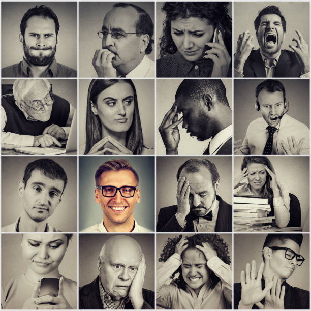 istock Multiethnic group of sad, stressed people and a happy man 669213644