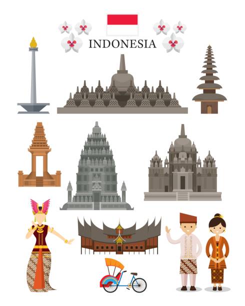 illustrazioni stock, clip art, cartoni animati e icone di tendenza di set di oggetti punti di riferimento e cultura dell'indonesia - indonesia