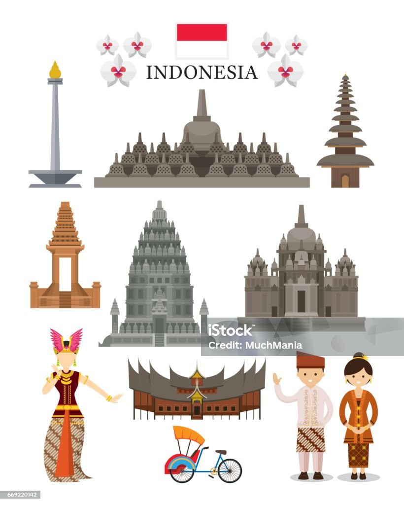 Indonesia Landmarks and Culture Object Set National Symbol and Architecture, Travel and Tourist Attraction Indonesia stock vector