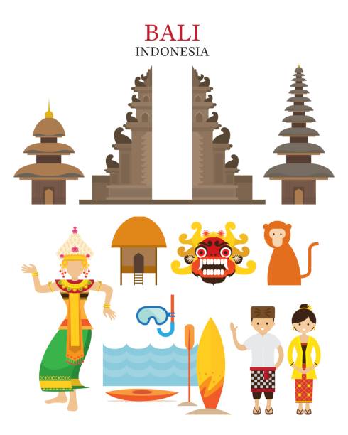 ilustraciones, imágenes clip art, dibujos animados e iconos de stock de bali, indonesia lugares de interés y referencia cultural conjunto de objetos - bali indonesia temple travel