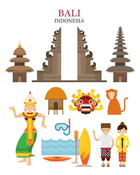 bali, set objek landmark dan budaya indonesia - indonesia ilustrasi stok