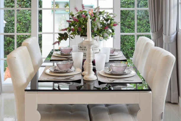 istock dining table and comfortable chairs in vintage style with elegant table setting 669223850