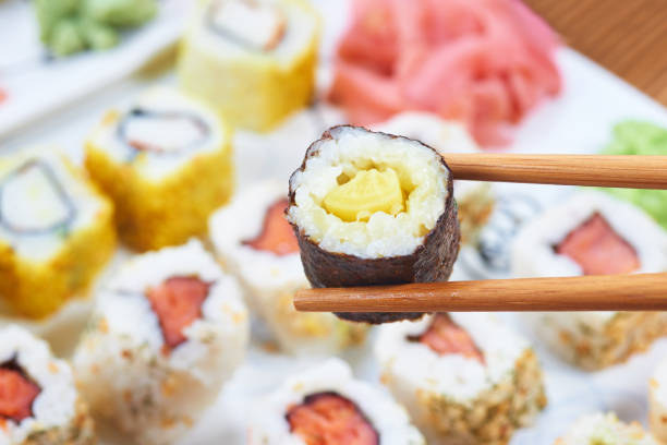 The Japanese food named California Futomaki served with spicy wasabi.