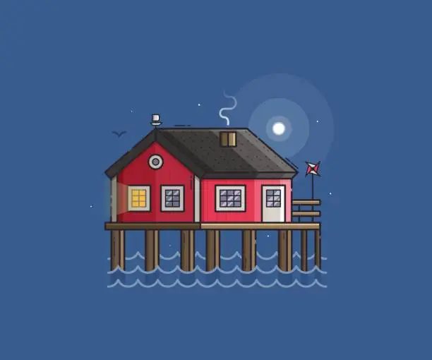 Vector illustration of Red Fisherman Stilt House