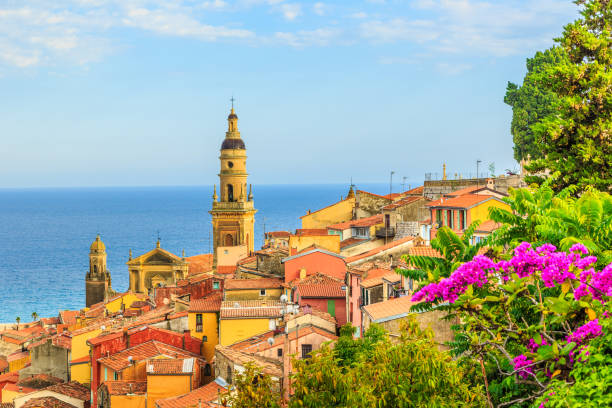 menton view with sea and church - religion christianity bell tower catholicism imagens e fotografias de stock