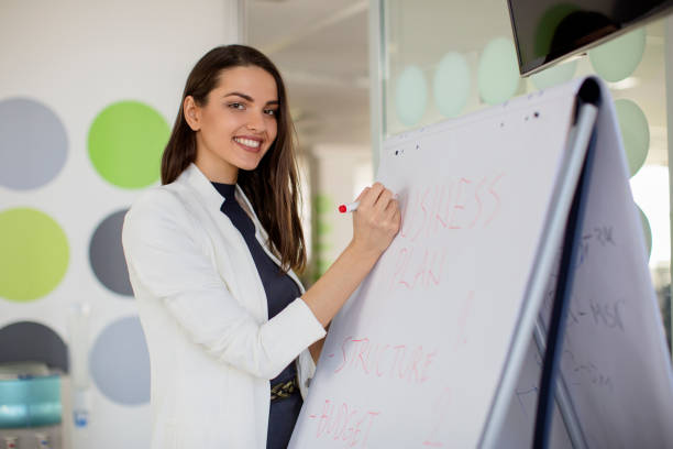 istock Woman in office writing on a flip chart 669236848