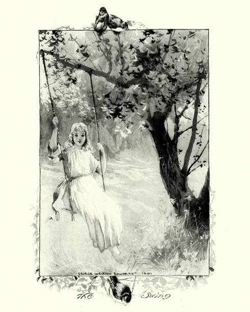 Vintage engraving of a young girl playing on a swing, 19th Century