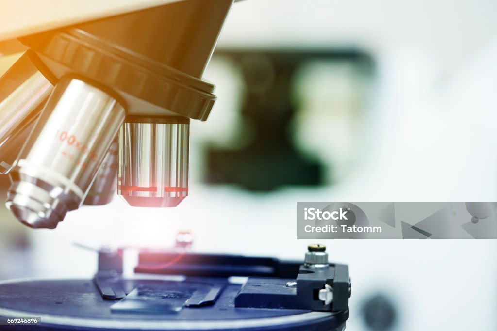 close up laboratory microscope, science and research concept Laboratory Stock Photo