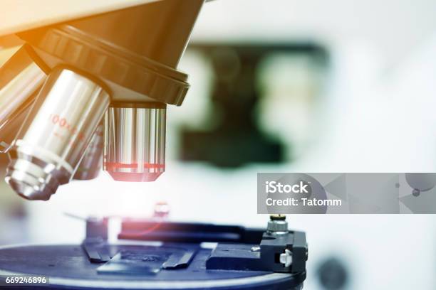 Close Up Laboratory Microscope Science And Research Concept Stock Photo - Download Image Now