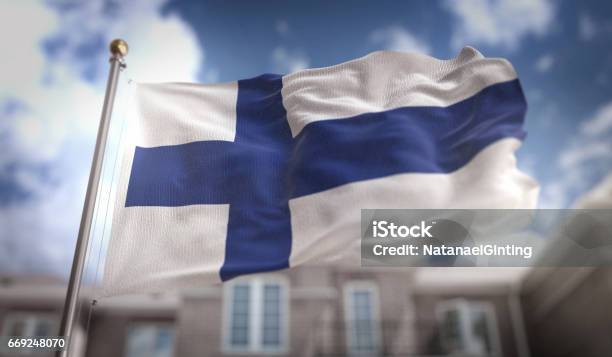 Finland Flag 3d Rendering On Blue Sky Building Background Stock Photo - Download Image Now