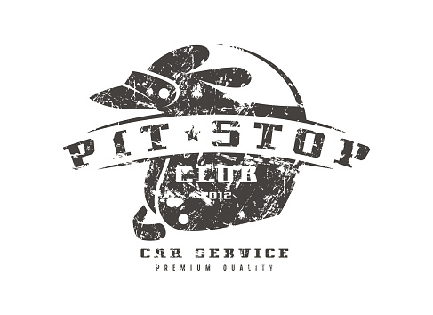 Car pit stop badge with shabby texture. Graphic design for t-shirt. Black print on white background