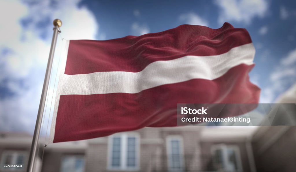 Latvia Flag 3D Rendering on Blue Sky Building Background Backgrounds Stock Photo