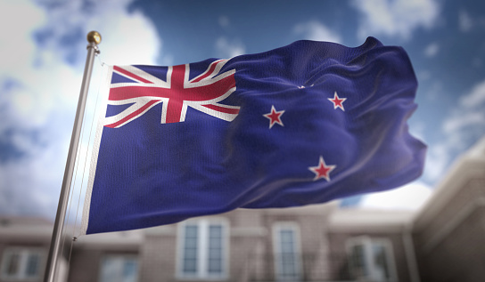 New Zealand Flag Flag 3D Rendering on Blue Sky Building Background