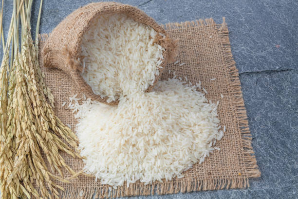 istock thai fragrant jasmine rice in a spoon with gold spike on Sack 669253936