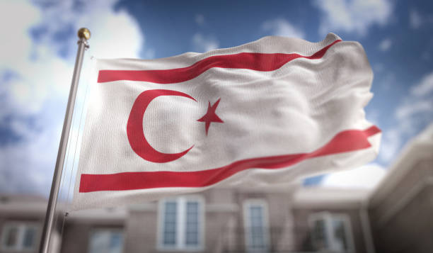 Northern Cyprus Flag 3D Rendering on Blue Sky Building Background