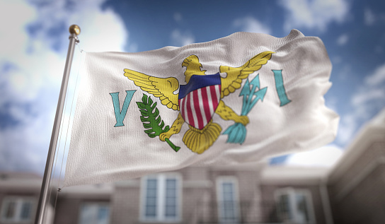 United States Virgin Islands Flag 3D Rendering on Blue Sky Building Background