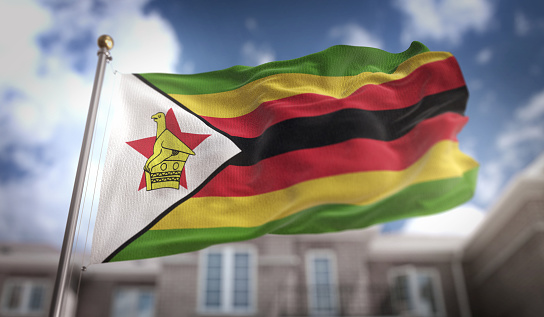Zimbabwe Flag 3D Rendering on Blue Sky Building Background