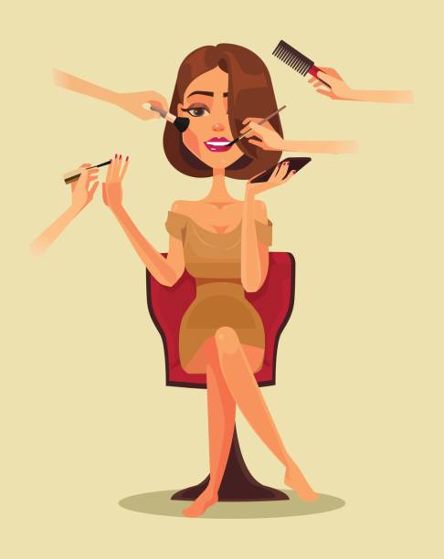 뷰티 살롱에서 행복 웃는 여자 캐릭터 - beauty spa human hair scissors hair dryer stock illustrations